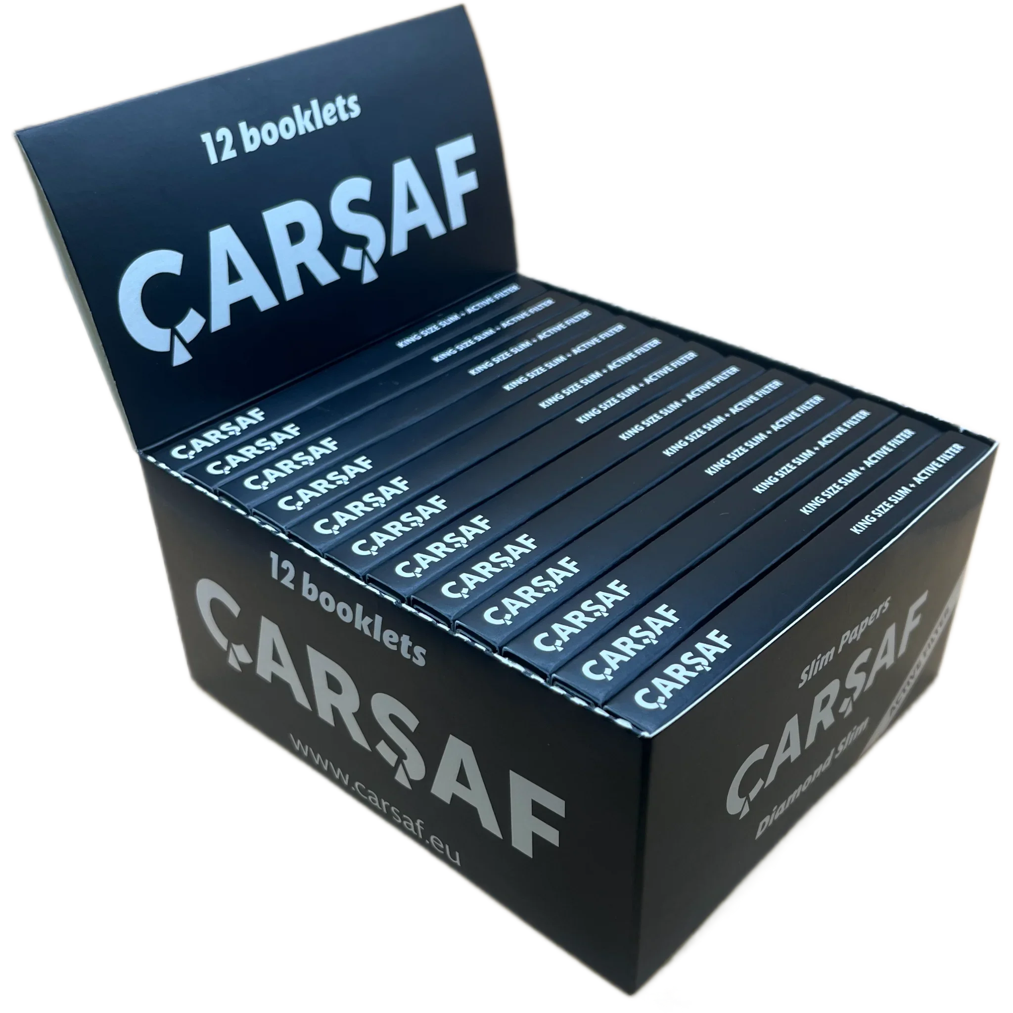 Carsaf Diamond Slim King Size – 12 Booklets + Active Filter | Ungebleichte King Size Blättchen mit Aktiv-Filter für eine frische Raucherfahrung